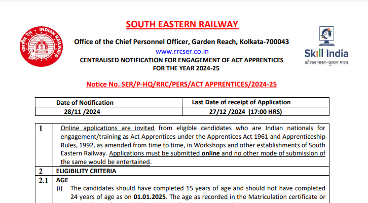 South Eastern Railway Bharti 2024