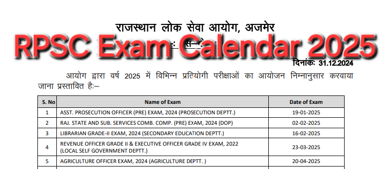 RPSC Exam Calendar 2025