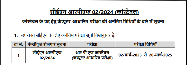 RPF Constable Exam Date 2025